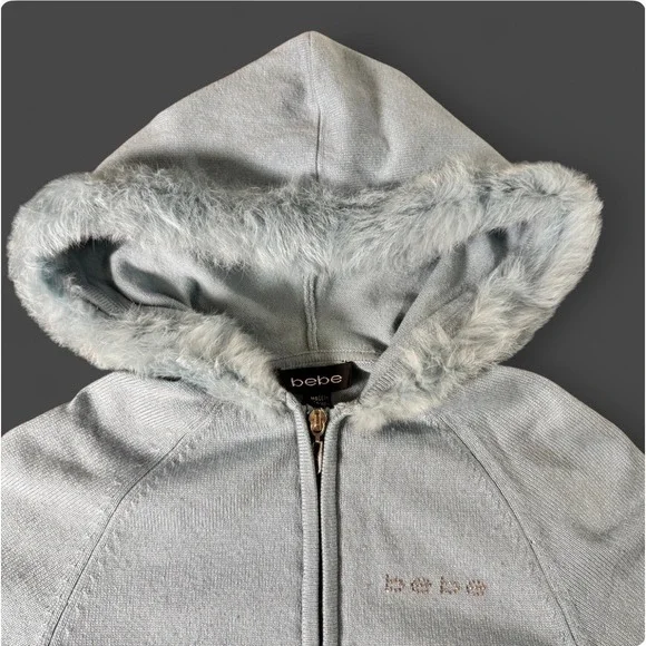 Bebe Genuine Fur Trim Zip Hoodie Y2K Baby Blue Fitted Knit Rhinestones Jacket XS - Picture 6 of 8